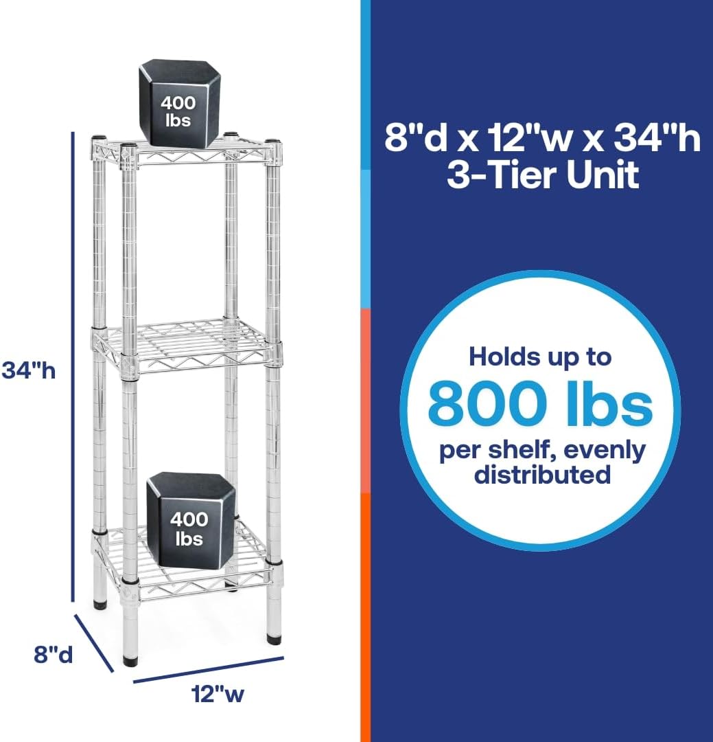 Shelving Inc. 8" d x 12" w Chrome Wire Shelving with 3 Tier Shelves, Weight Capacity 800lbs Per Shelf