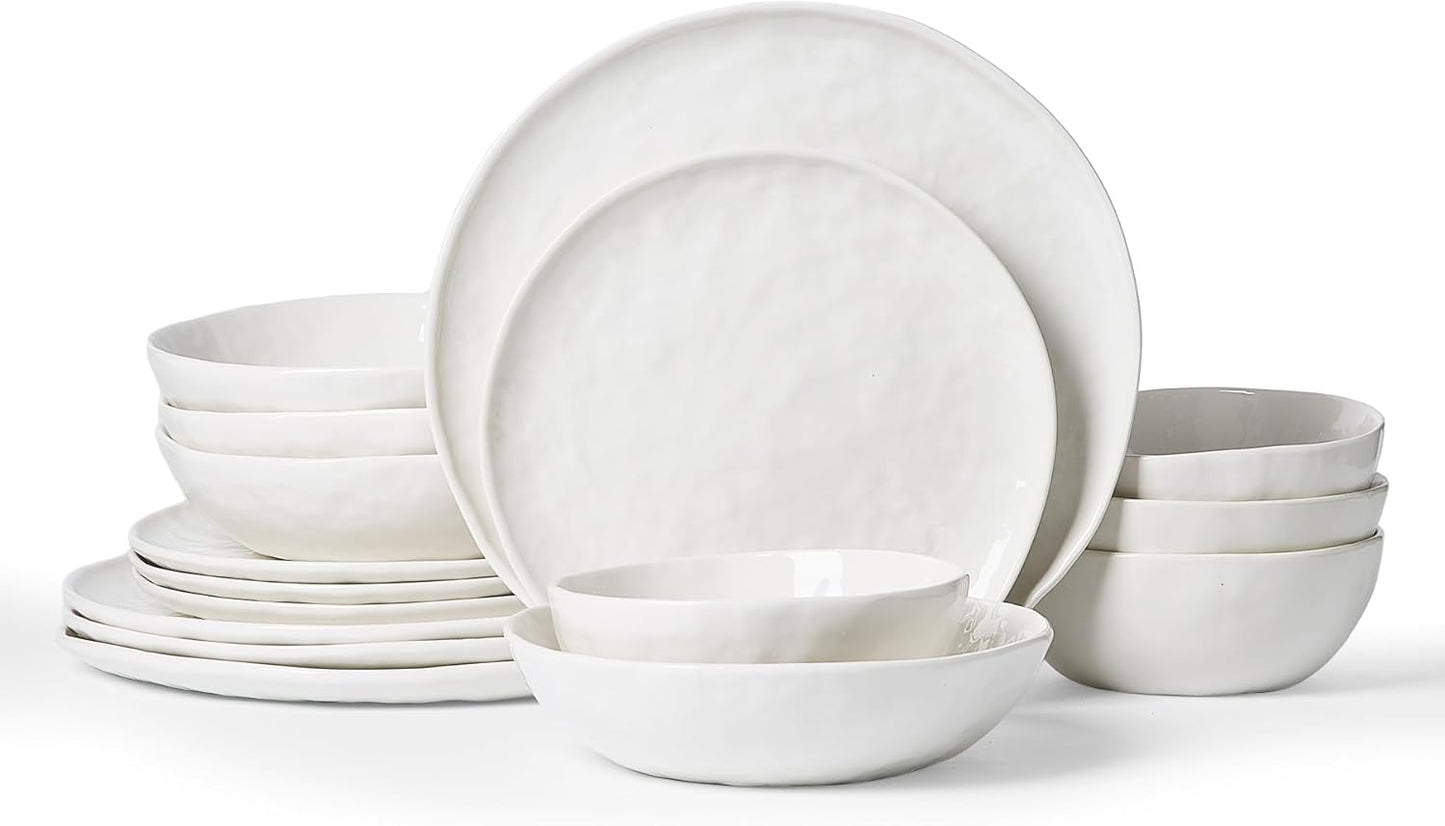Famiware Porcelain kitchen plates and bowls set, Modern dishes set for 4, Handmade Wave Edge Dinnerware Sets, Microwave and Dishwasher Safe Tableware, Polar White (16pc)