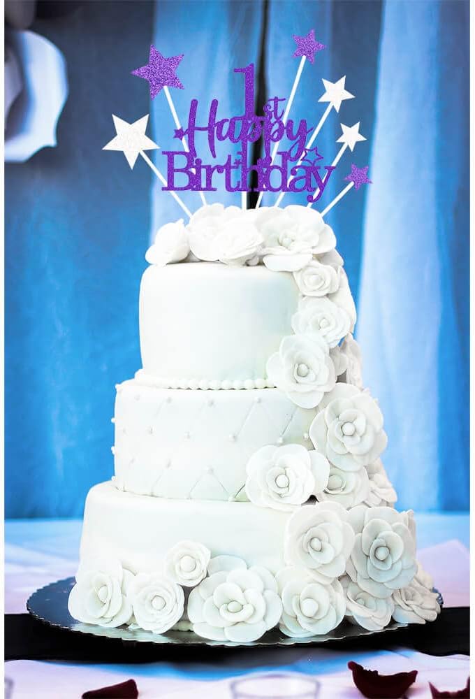 Glittery 1st Happy Birthday Cake Topper with Star,Personalised 1 Birthday Cake Toppers Party Decorations Party Supplies for Baby Boys Girls Purple Silver