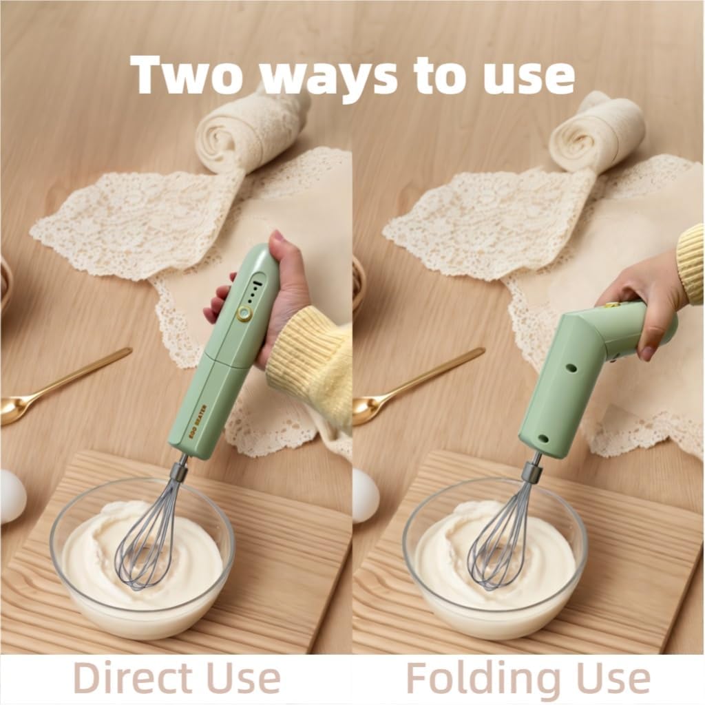 Cordless Hand Mixer, Foldable Design Handheld Electric Whisk with 3 Speed Modes, Hand Held Egg Beater with 2 Detachable Stir Whisks (Green)