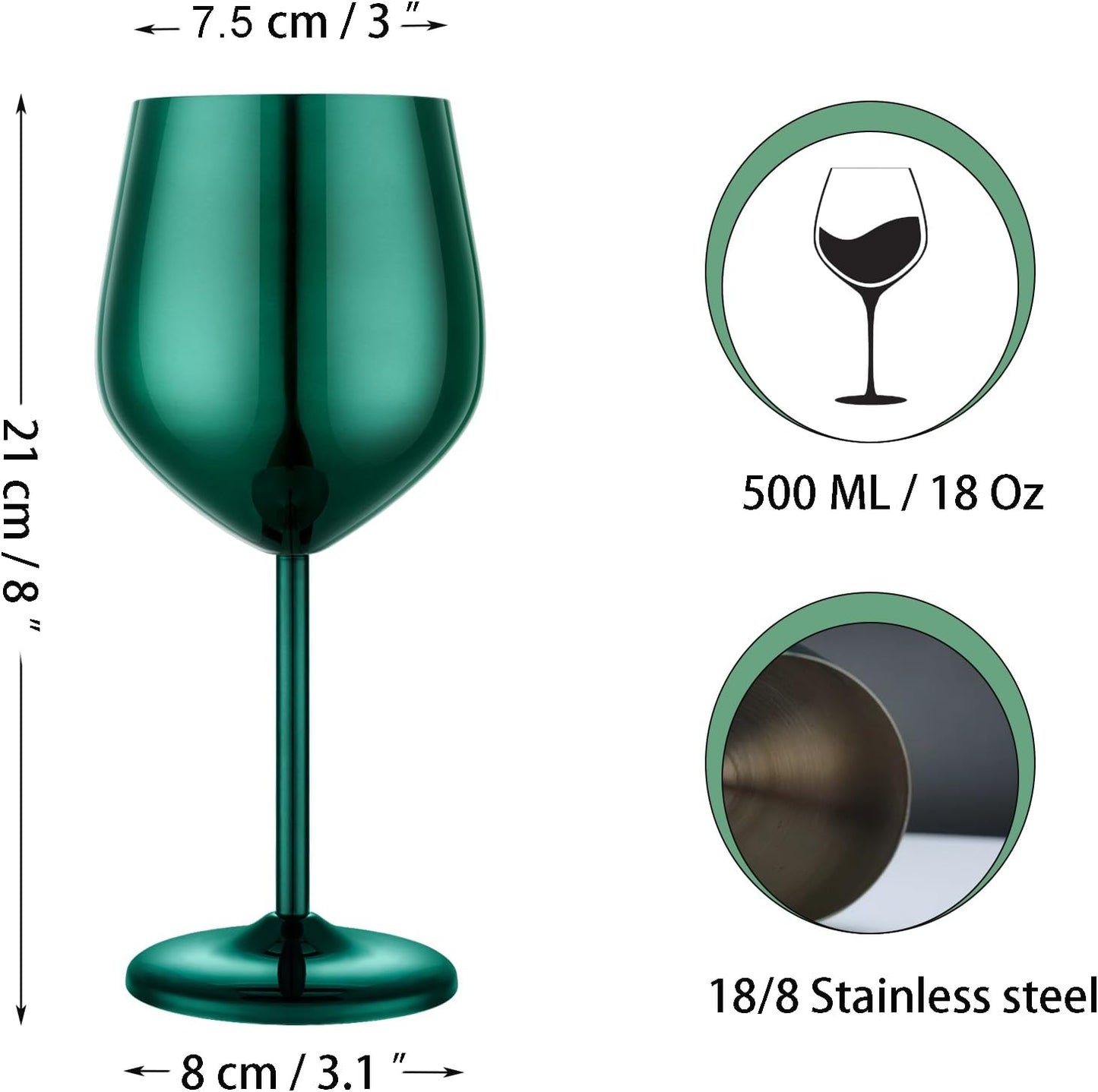 Stainless Steel Wine Glasses Set of 2, 18 oz Unbreakable Green Wine Glass Unique Metal Wine Goblets for Outdoor Capming and Pool Gift for Wine Lovers