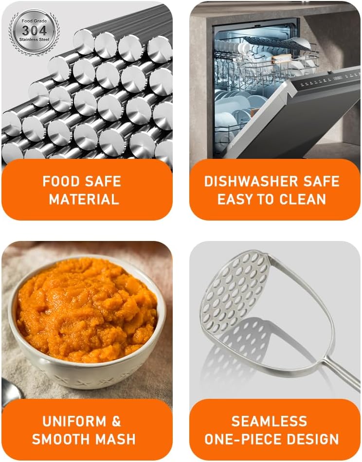 Brigii Potato Masher with Non-Slip Wooden Handle, Dual Arc for Easy, Labor-Saving Mashing, 304 Stainless Steel, Sturdy and Durable One-Piece Potato Press, Dishwasher Safe, for Potatoes and More