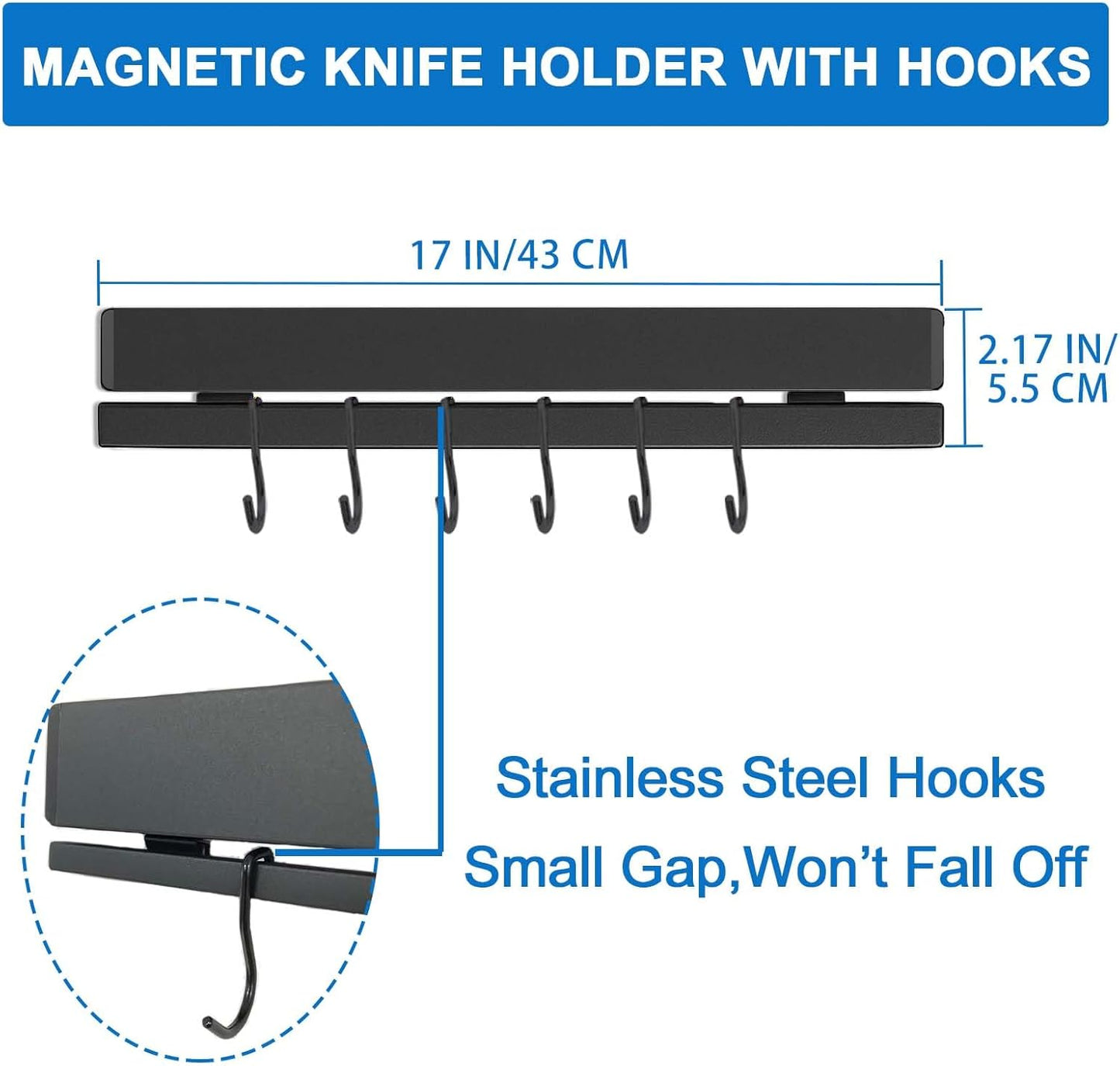 17 Inch Magnetic Knife Holder for Wall, Adhesive Knife Magnetic Strip No Drilling with 12 Hooks, Powerful Magnetic Knife Strip, Magnetic tool Holder for Kitchen Knives & Utensils (Black)