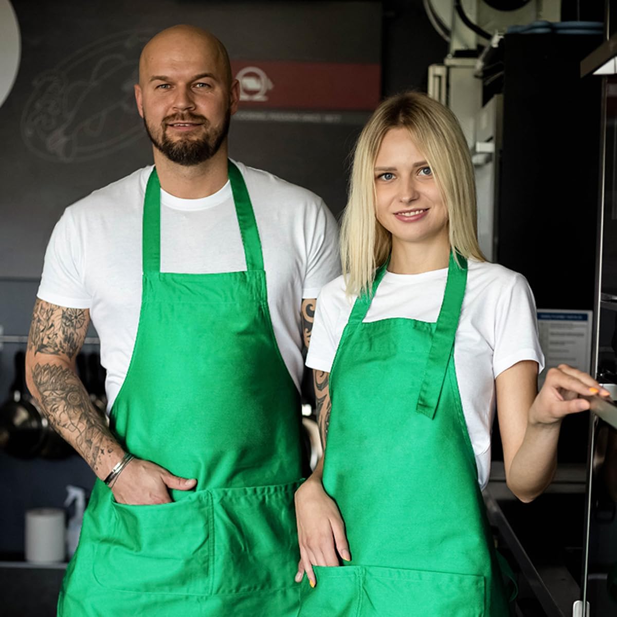 Bringsine 4 Pack Bib Chef Apron - Unisex Aprons with 2 Pockets,Machine Washable Aprons for Men and Women,Kitchen Resistant Cooking BBQ Bulk(Gray)
