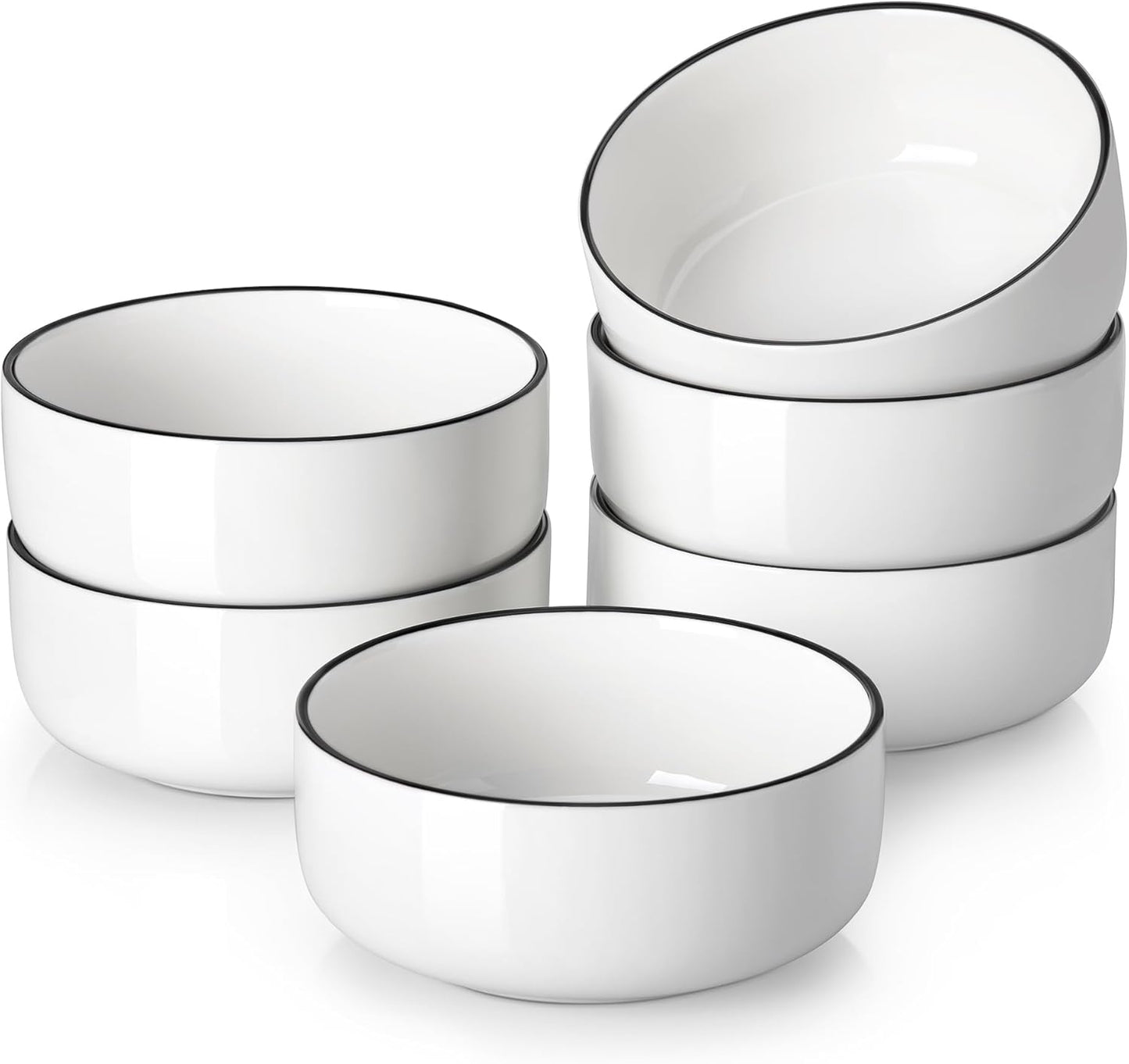 MALACASA 24 OZ Cereal Bowls, Porcelain Soup Oatmeal Bowls Set of 6, White Kitchen Ceramic Serving Bowl wtih Black Rim, Dishwasher Microwave Oven Safe, White, Series LUNA