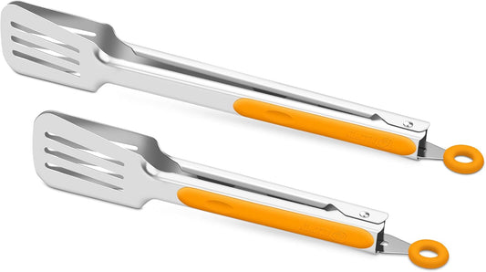 Premium 304 Stainless Steel Barbecue Turners, Heavy Duty Non-Stick BBQ Cooking Kitchen Tongs, 9" and 12" Orange
