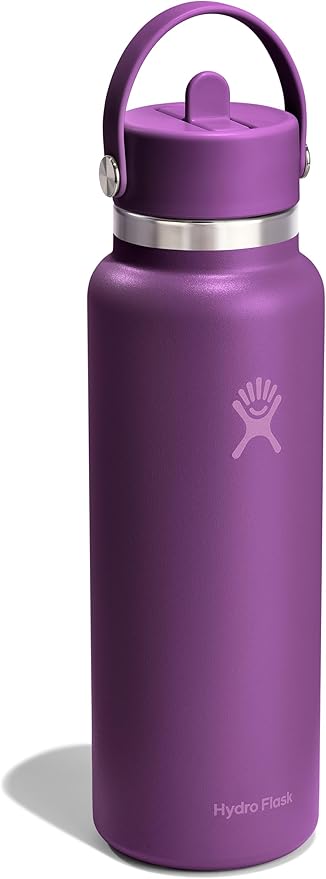 Hydro Flask Water Bottle - Insulated Stainless Steel - Wide Mouth Flex Straw Lid, Non Spill, Leakproof and Refillable in 40 Oz Beachplum Purple
