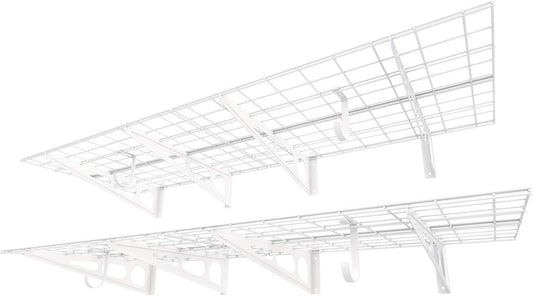 FLEXIMOUNTS 2-Pack 2x6ft Garage Shelving with Hooks 24-inch-by-72-inch Wall Shelf Garage Storage Rack Floating Shelves, White