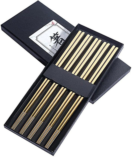 Metal Chopsticks Reusable Titanium Plated Stainless Steel Japanese Korean for Food & Cooking 9.5Inch Non-Slip for Beginners Square Laser 5 Pairs Gift Set
