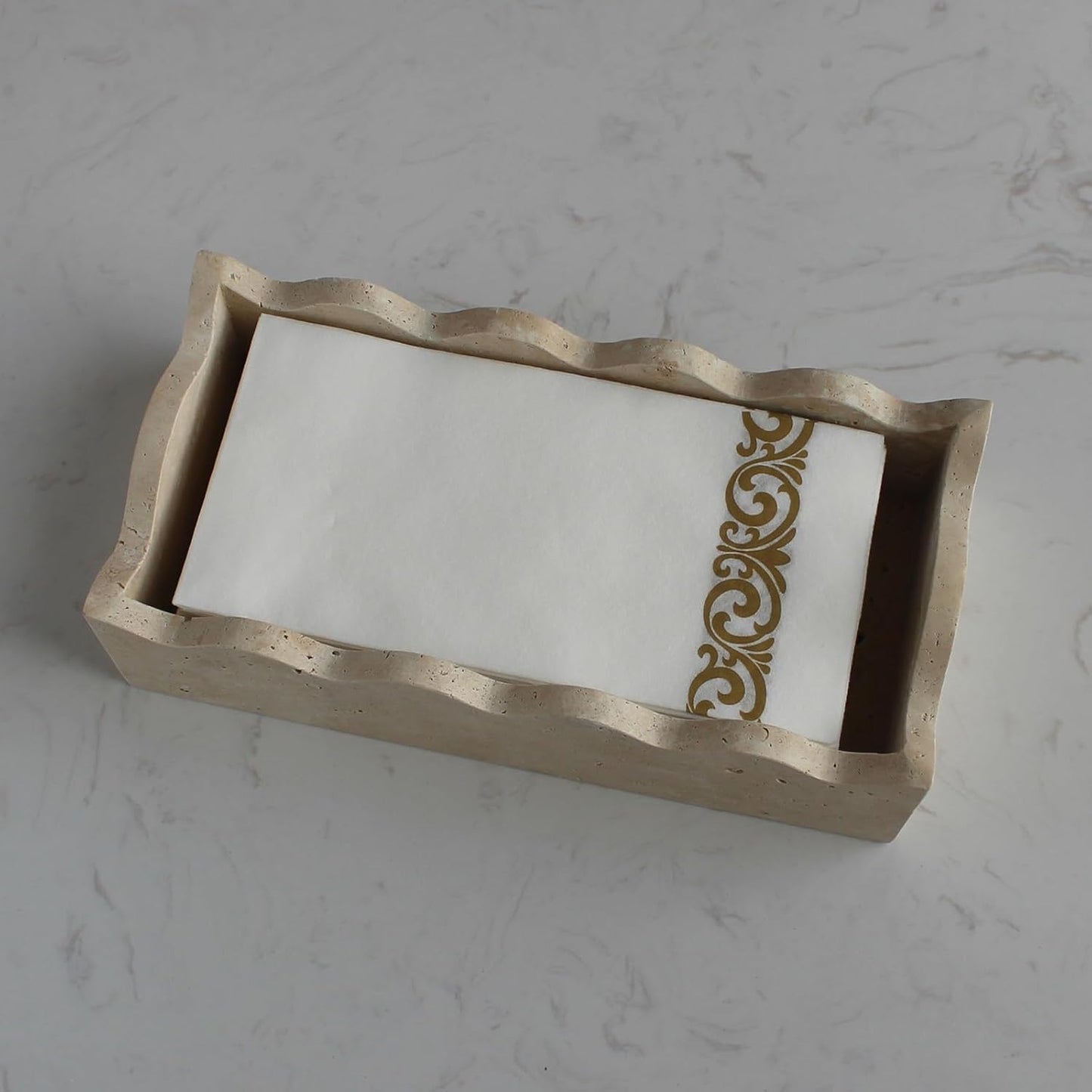 Natural Travertine Guest Towel Holder 9.8" × 4.9" for Bathroom, Rectangular Napkin Holder with Scalloped Edge, Tissue Hand Towel Tray for Dinner Table, Countertop Bathroom Vanity