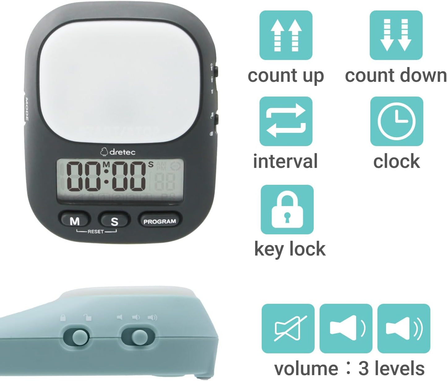 dretec pomodoro Timer, Productivity for Studying, Large Button, Interval,Darkgray