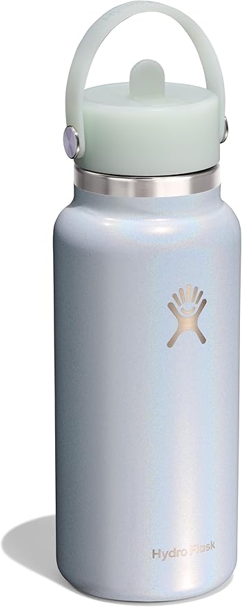 Hydro Flask Water Bottle - Insulated Stainless Steel - Wide Mouth Flex Straw Lid, Non-Spill, Leakproof and Refillable in 32 Oz Glimmer Blue