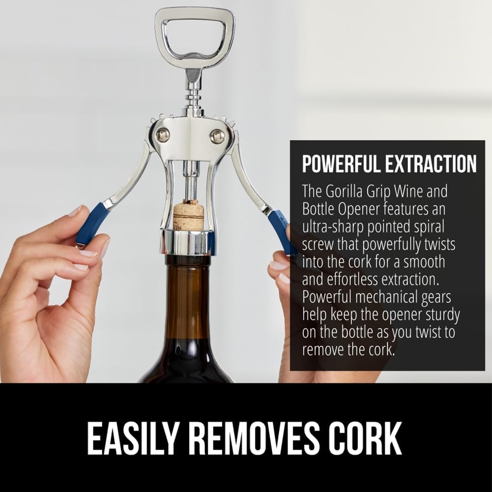 GORILLA GRIP BPA-Free Sharp Wine Opener, Heavy Duty Zinc Alloy Wing Corkscrew, Multifunctional Bottle Opener, Remove Corks or Cap, Easy to Use Bar Cork Screw, Dishwasher Safe Kitchen Essentials, Blue