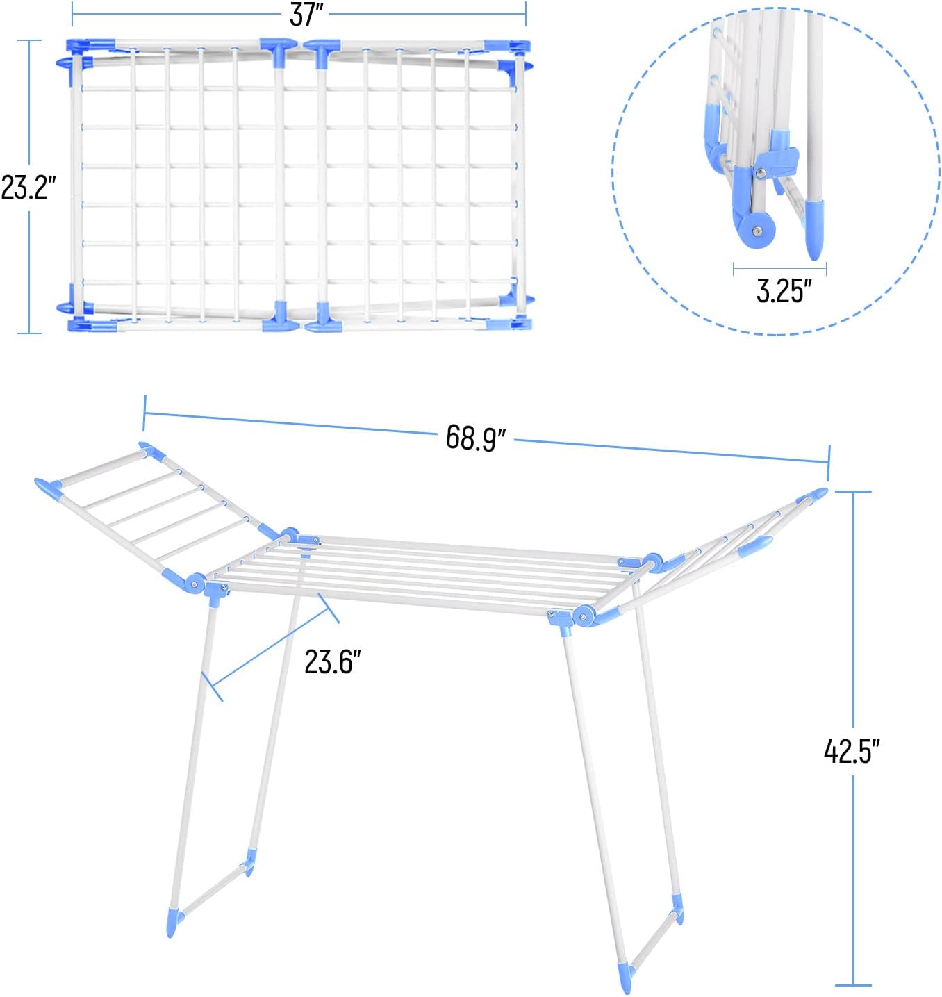Clothes Drying Rack, Gullwing Laundry Rack, Collapsible, Space-Saving Laundry Rack, with Bonus Sock Clips, for Clothes, Towels, Linens, Indoor/Outdoor, Blue