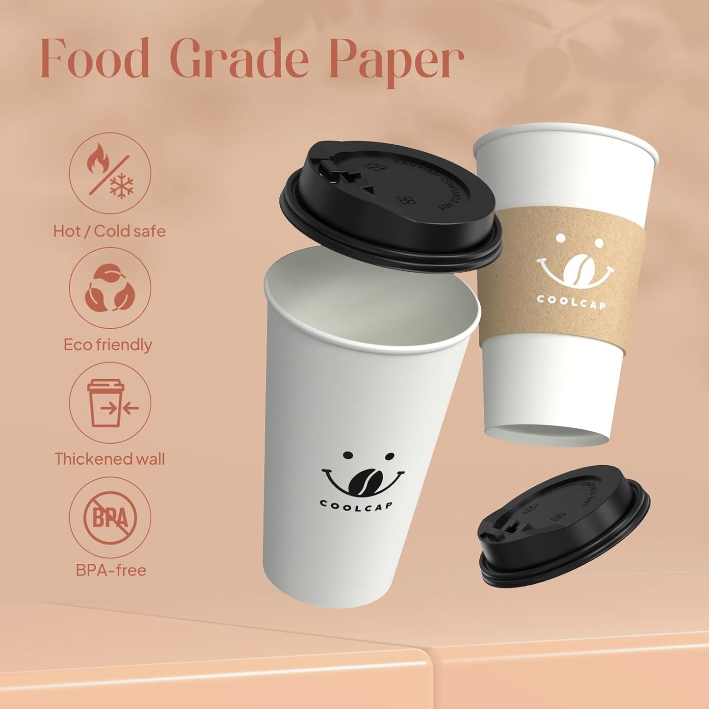 Coffee Cups with Lids and Sleeves, 16 oz 50 pack To Go Cups with Lids, Paper Hot Coffee Cups for Hot & Cold Beverage (White, 16 oz)