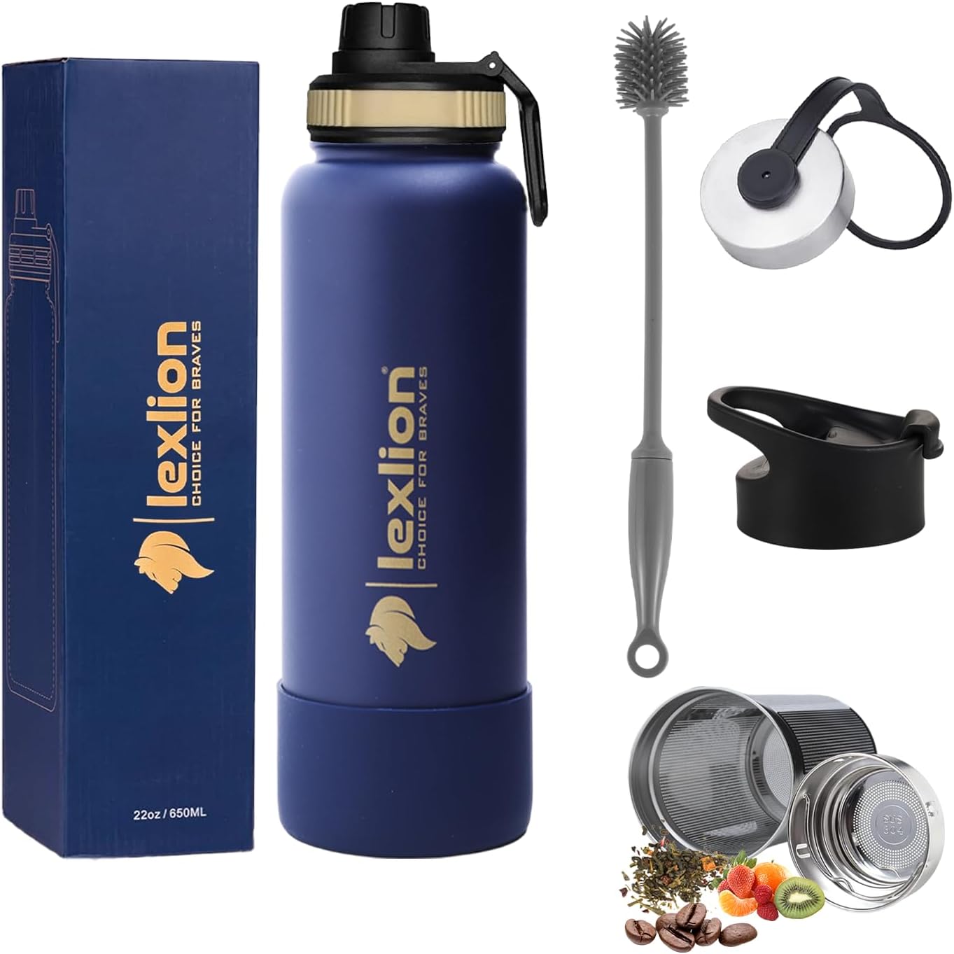 Lexlion Fruit Infuser Water Bottle - 22 Oz, Triple Walled Insulated Stainless Steel, Thermal Leaf Infuser, Silicone Sleeve, 3 Lids Leakproof, Metal Mug