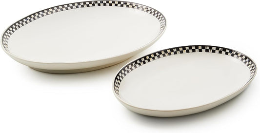 MACKENZIE-CHILDS Set of 2 Everyday Oval Platters, Dishwasher-Safe and Microwave-Safe, Black-and-White Courtly Check