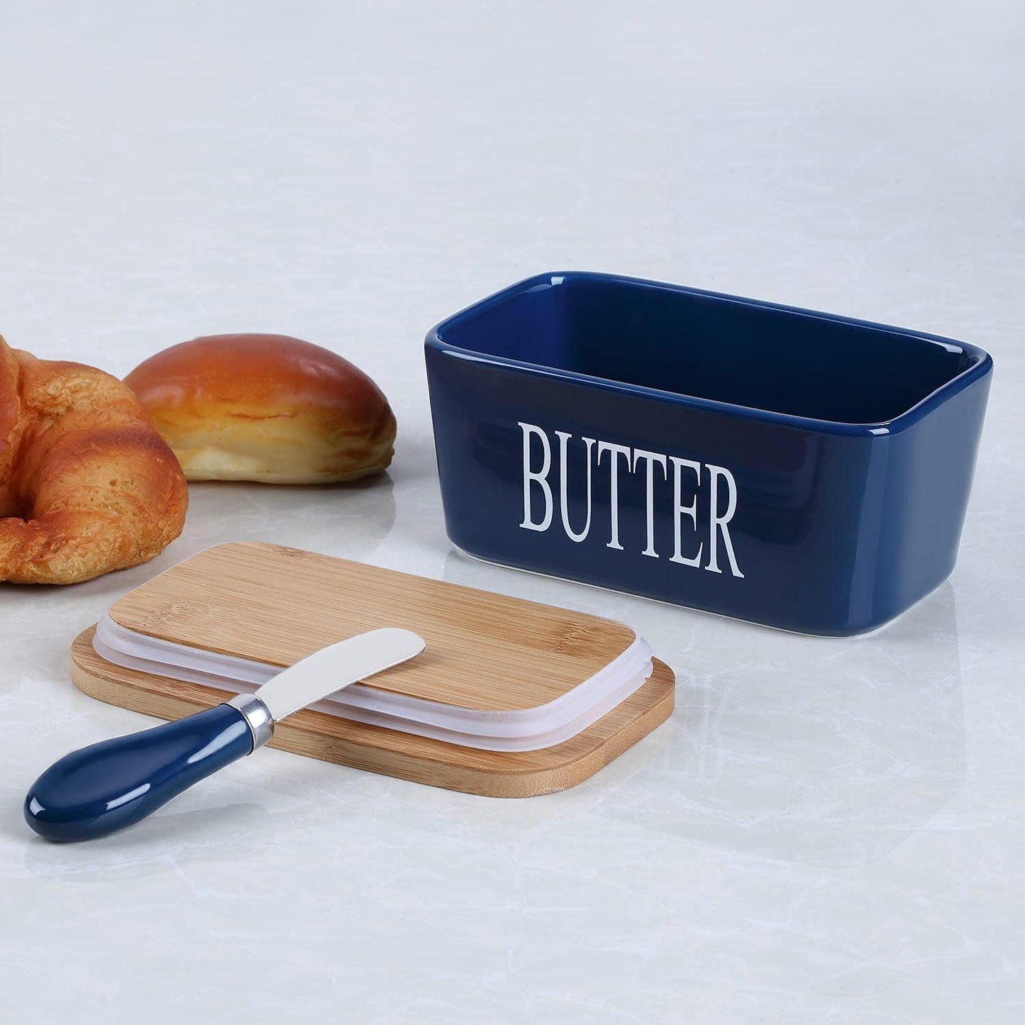 Ceramic Butter Dish with Wooden Lid, Large Butters Container Keeper Storage with Stainless Steel Knife Spreader, Bamboo Cover and Silicone Sealing Ring for West East Coast, Blue