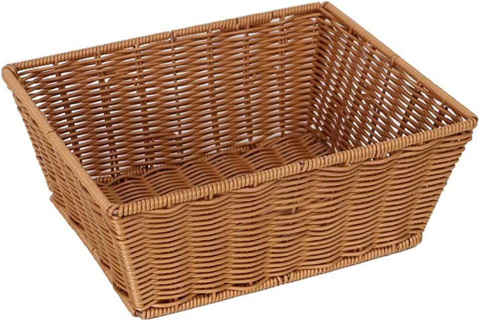 12" Poly Wicker Bread Basket, Hand Woven Food Storage Room Organizer, Fruits, Vegetables and Snacks Tabletop Food Serving Basket, Restaurant, Hotel Service, Brown (11.9x8x5.9)