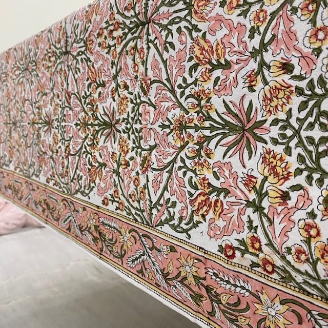 Ridhi Sassy Salmon Pink Hand Block Print Cotton Rectangle Tablecloth 160 x 72 inch-Reusable Table Cover Decorative Everyday Use for Dining Room, Farmhouse, Thanksgiving, Christmas Wedding, Fall