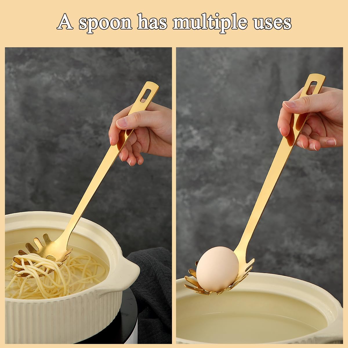 Gold Spaghetti Spoon, ReaNea Pasta Server, Stainless Steel Pasta Spoon with Teeth, One-Piece Metal Pasta Fork, Noddle Fork Gold Kitchen Accessories Utensils, Heat Resistant, Dishwasher Safe