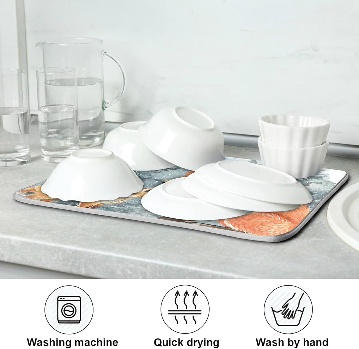 Super Absorbent Dish Drying Mat, Microfiber Fast-Drying Dish Mat, 16" x 18", Kitchen Dish Drying Pad, Watercolor Cute Fox Winter Christmas