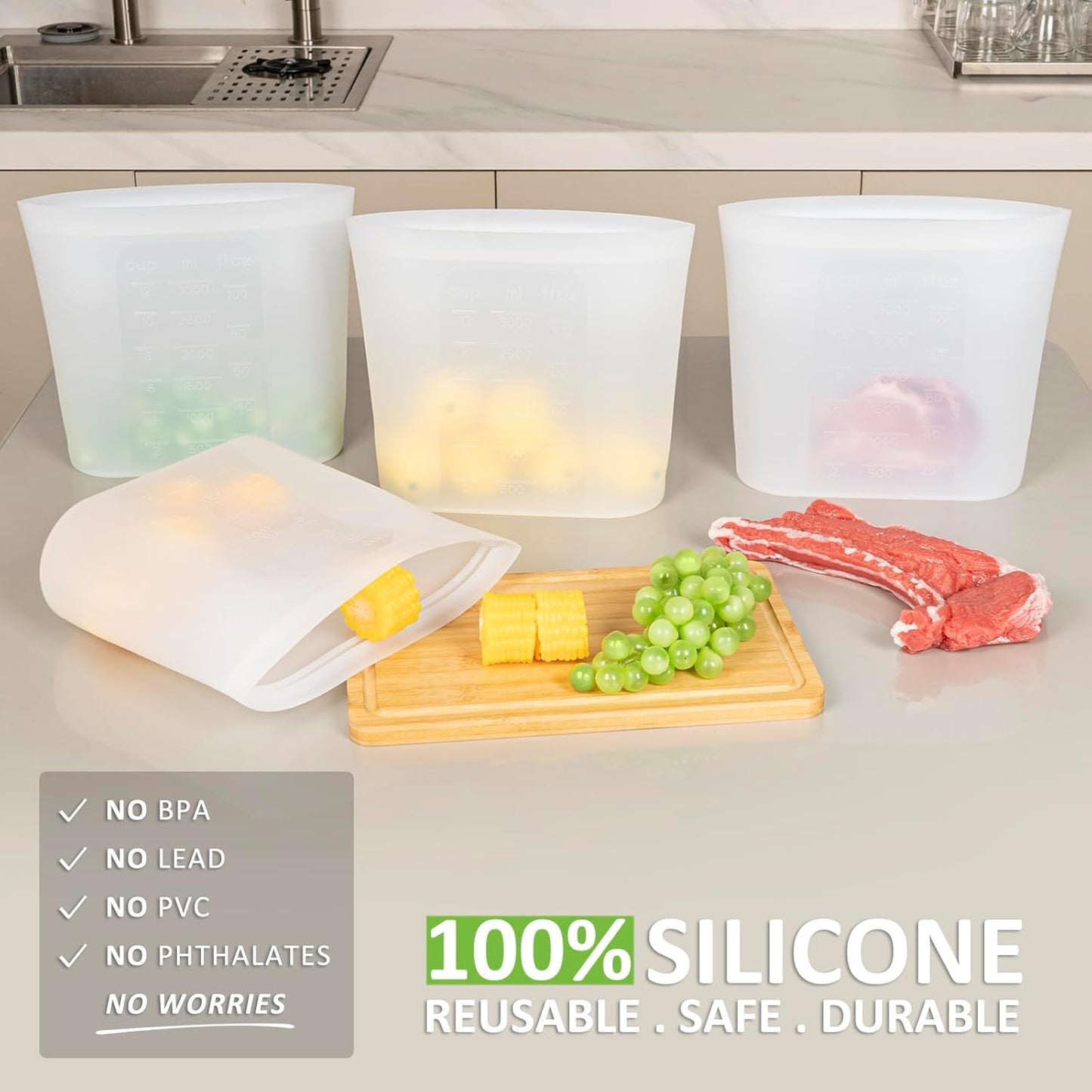 Reusable Storage Bags Extra Large, 0.8 Gallon/101 fl.oz/3000 ml, 4 Pack 100% Silicone Food Storage Bags Stand Up Zip Lock for Large Food Items, Freezer Microwave Oven Dishwasher Safe, Translucent