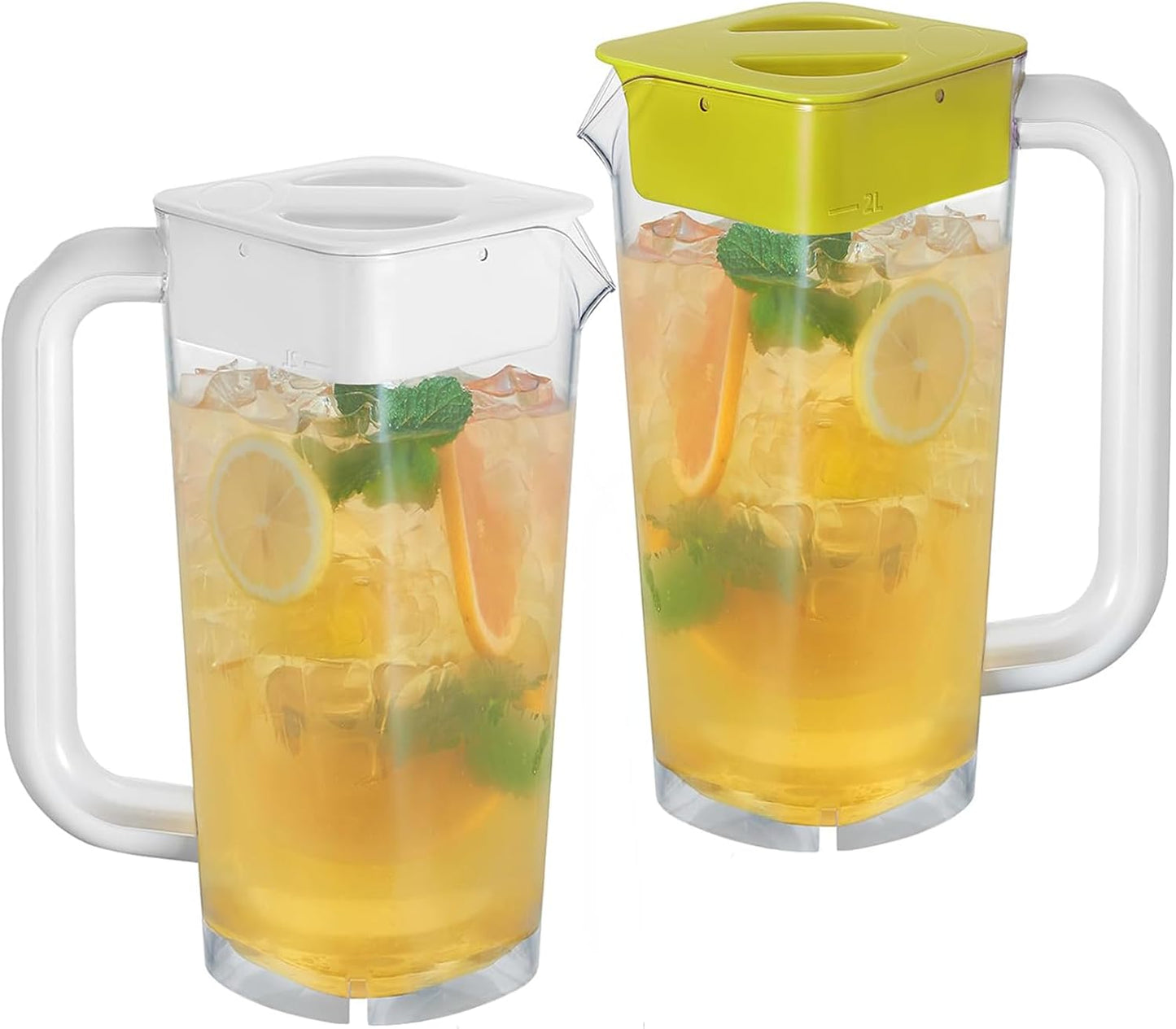CURTA 2 Pack 2 Liters/68 oz clear Plastic Square Pitcher with Lid & Handle for Kitchen,ICED JUICE and Coffee Carafe Beverage Serveware, Acrylic Water Jug for Hot/Cold Drinks&lemonade