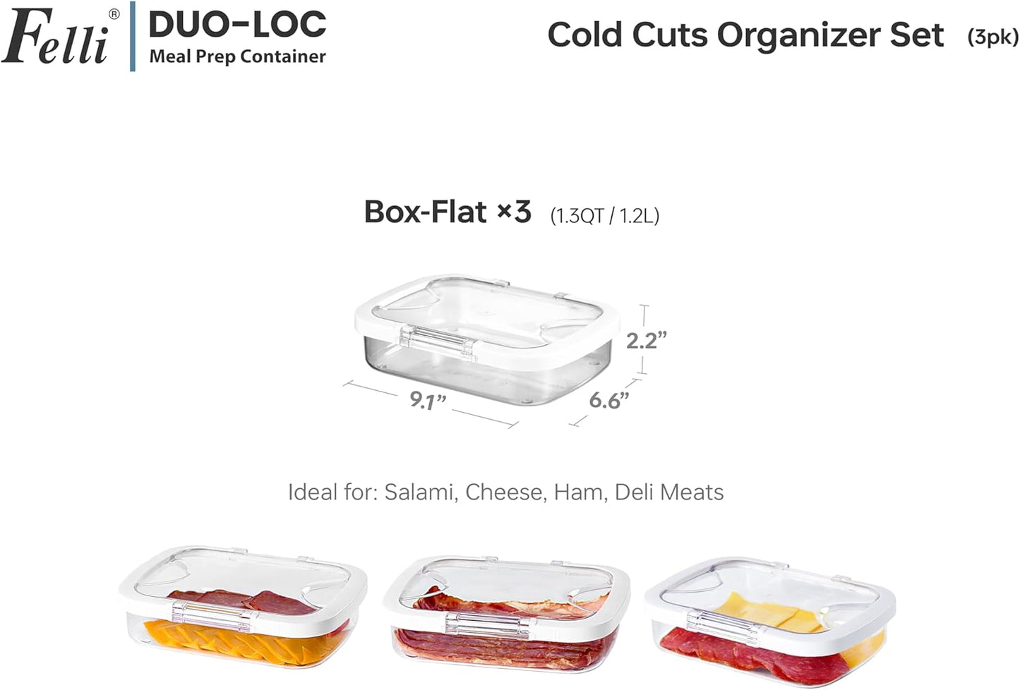 Felli Duo Loc Deli Meat Containers for Fridge with Airtight Lids, Stackable Refrigerator Organizer for Lunch Meat Storage Sandwich Ham Cheese Salami Sliced Turkey, Clear Tritan Box (Cold Cuts 3pk)
