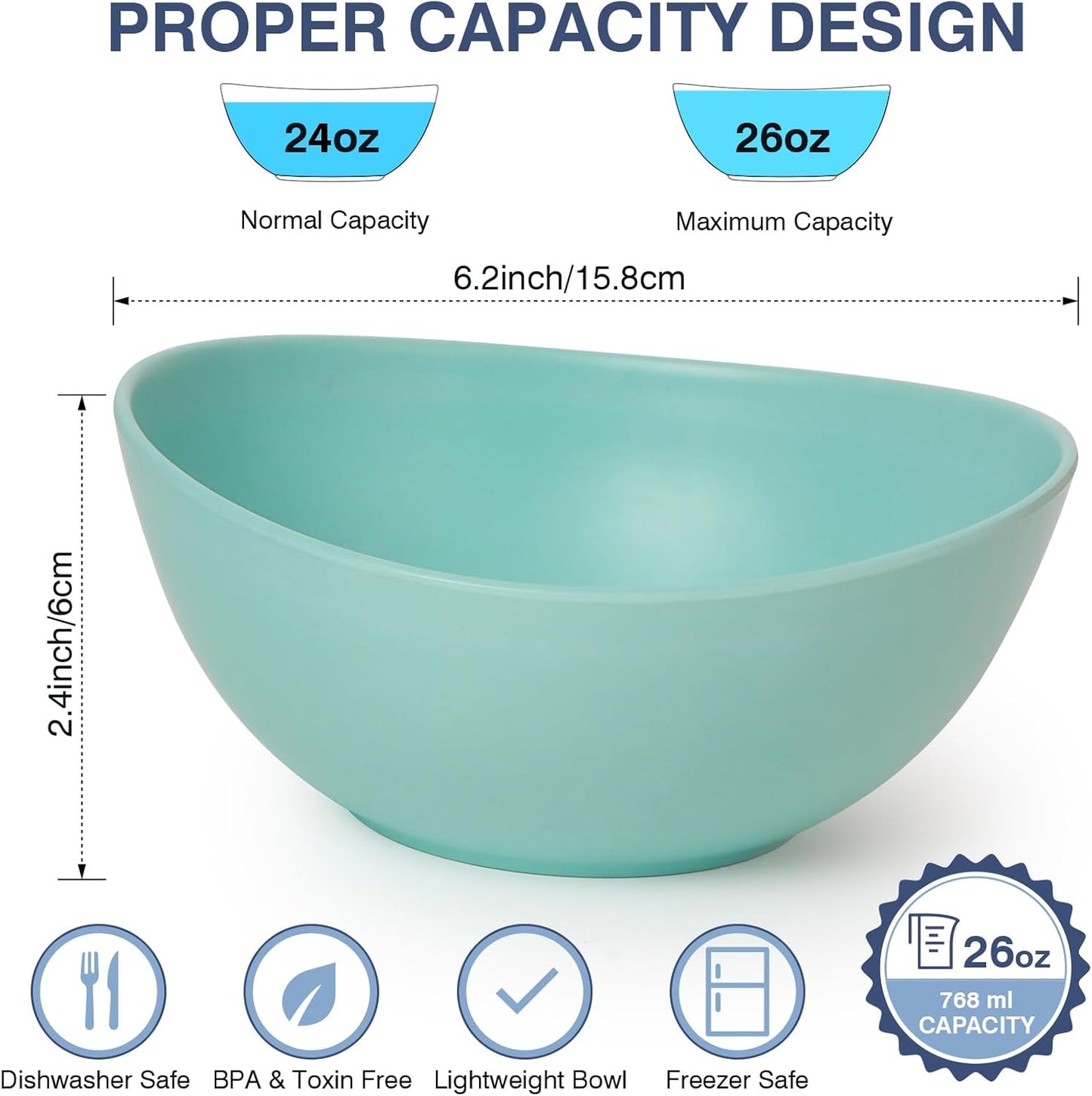 6.2'' Bamboo Fiber Cereal Bowls Set of 6, Soup Bowls 24 Oz for Serving Salad, Snack, Side Dishes, Colourful Oval Lightweight Bowls for Breakfast, Lunch and Dinner, Dishwasher&Freezer Safe (Turquoise)