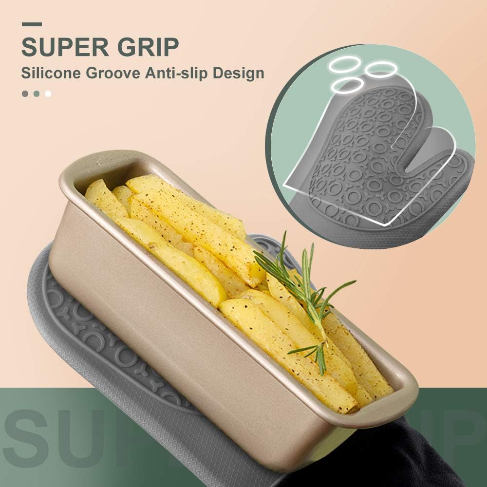 sungwoo Extra Long Silicone Oven Mitts, Heat Resistant Oven Gloves with Quilted Liner Non-Slip Textured Grip Perfect for BBQ, Baking, Cooking and Grilling - 1 Pair 14.6 Inch Grey & Black