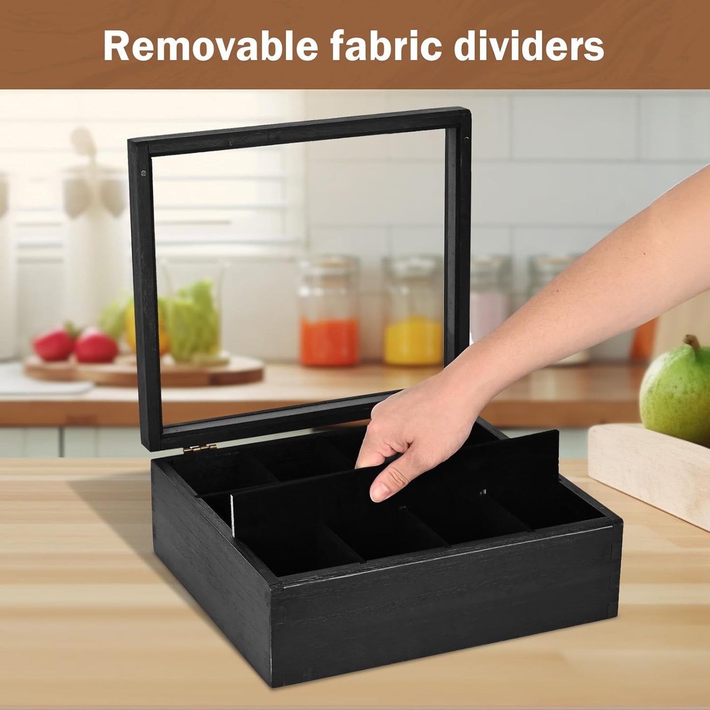 Wood Big Black Tea Bag Organizer Storage Box 12-Compartment Multi-Functional Box,Vintage Tea Case.