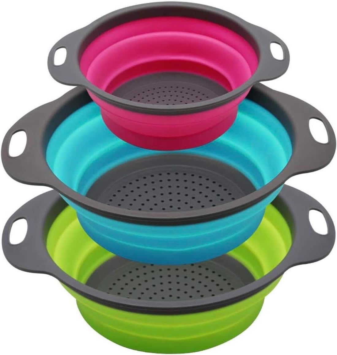 New and improved- Set of 3 Niklye Ultimate Kitchen Strainers—1×10” & 2×12” Collapsible Silicone Colanders. Now more durable and robust for everyday use with pasta, veggies, fruit & more.