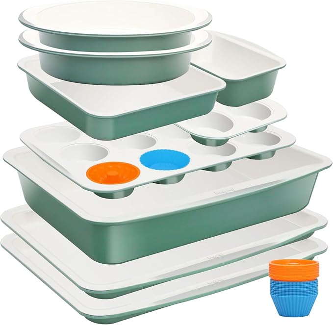 Ceramic Nonstick Baking Pans Set, Non Toxic 33 PCS Stackable Bakeware Sets, 550°F Oven Safe Baking Sheet & Pans, Warp-Free, Dishwasher Safe, PTFE/PFOA/PFOS-Free (Green)