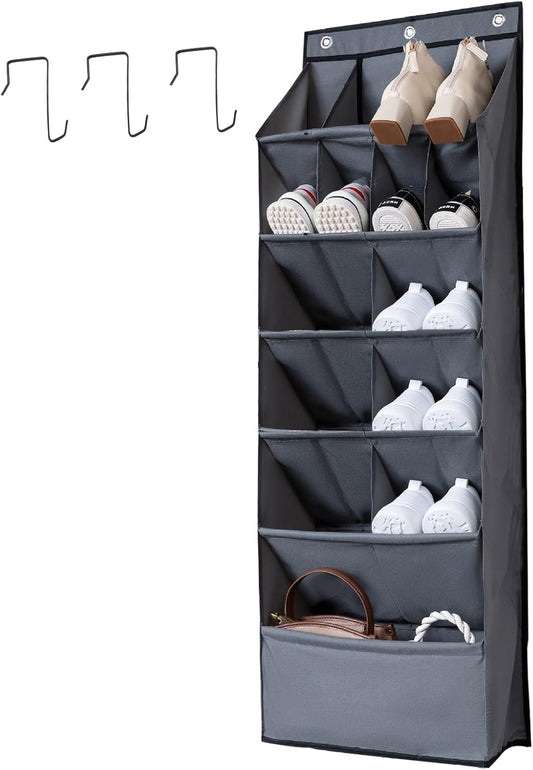 Over the Door Shoe Organizer, Grey 16 Pockets Hanging Shoe Storage Rack with Large Deep Pockets, Oxford 600D Fabric Shoe Storage Rack with 6 hook for Shoes, Home Accessories etc (Grey, 1-Grid)
