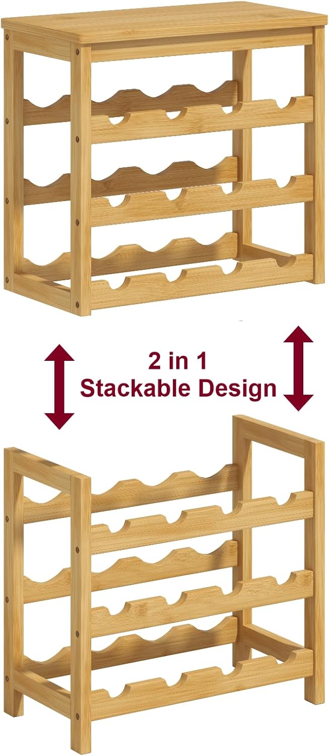 6 Tier Wine Rack Freestanding Floor, 24 Bottles Wine Storage Shelves with Table Top, Stackable Wine Display Rack for Kitchen, Bar, Dining Room, Natural Bamboo Finish