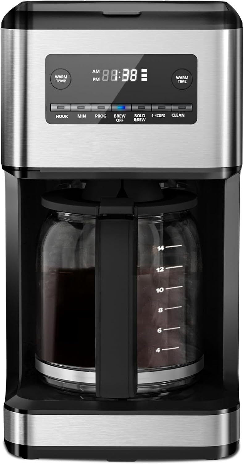 Coffee Maker, 14-Cup Programmable Drip Coffee Makers with Reusable Filter & Keep Hot Plate, Auto Pause Small Coffee Machines with Large Coffee Pot,Timer, Self-cleaning,Stainless Steel