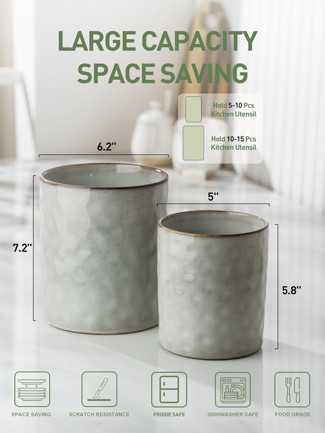 famiware Ocean Utensil Holder, 7.2"+5.8" Ceramic Kitchen Utensil Holder for Countertop, 2 Pieces Cooking Utensil Crocks, Utensil Organizer for Spatula & Spoon, Kitchen Decor, Set of 2, Gray