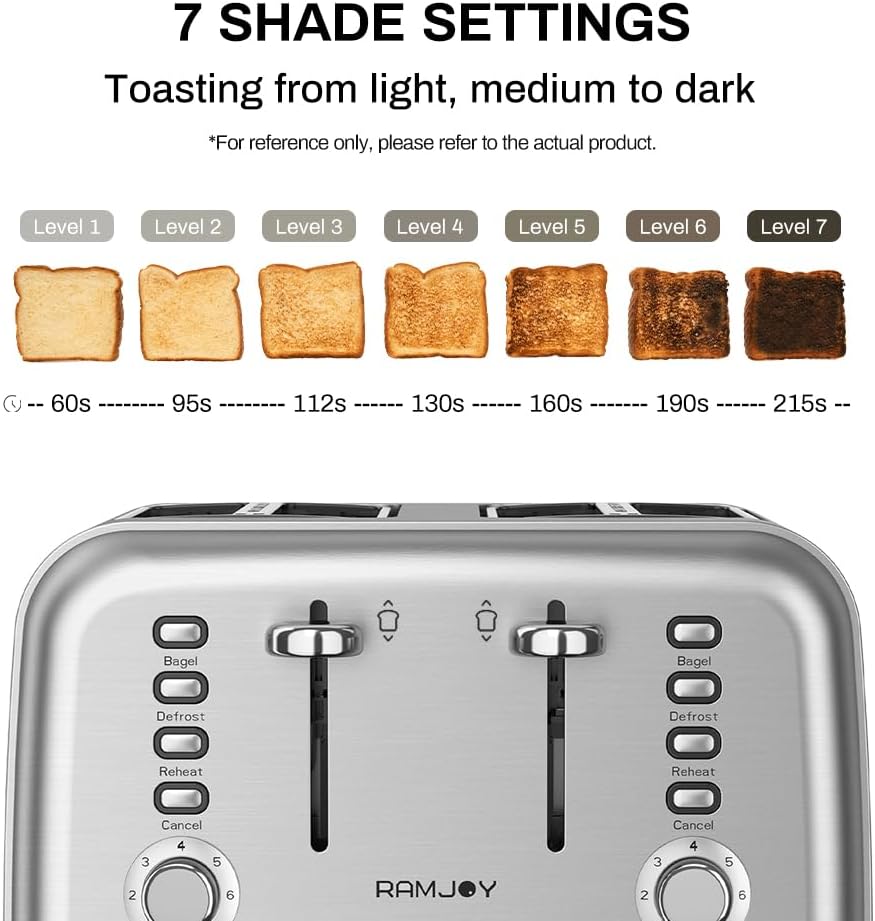 Toaster 4 Slice, Dual Independent Controls, Extra Wide Slot Toasters for Bagel, Bread, Waffles, 7 Shade Settings, 4 Main Functions, Removable Crumb Tray, 1500 Watts, Brushed Stainless Steel