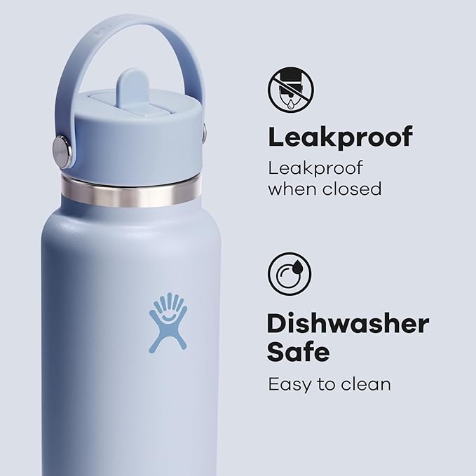 Hydro Flask Water Bottle - Insulated Stainless Steel - Wide Mouth Flex Straw Lid, Non Spill, Leakproof and Refillable in 32 Oz Surf Blue