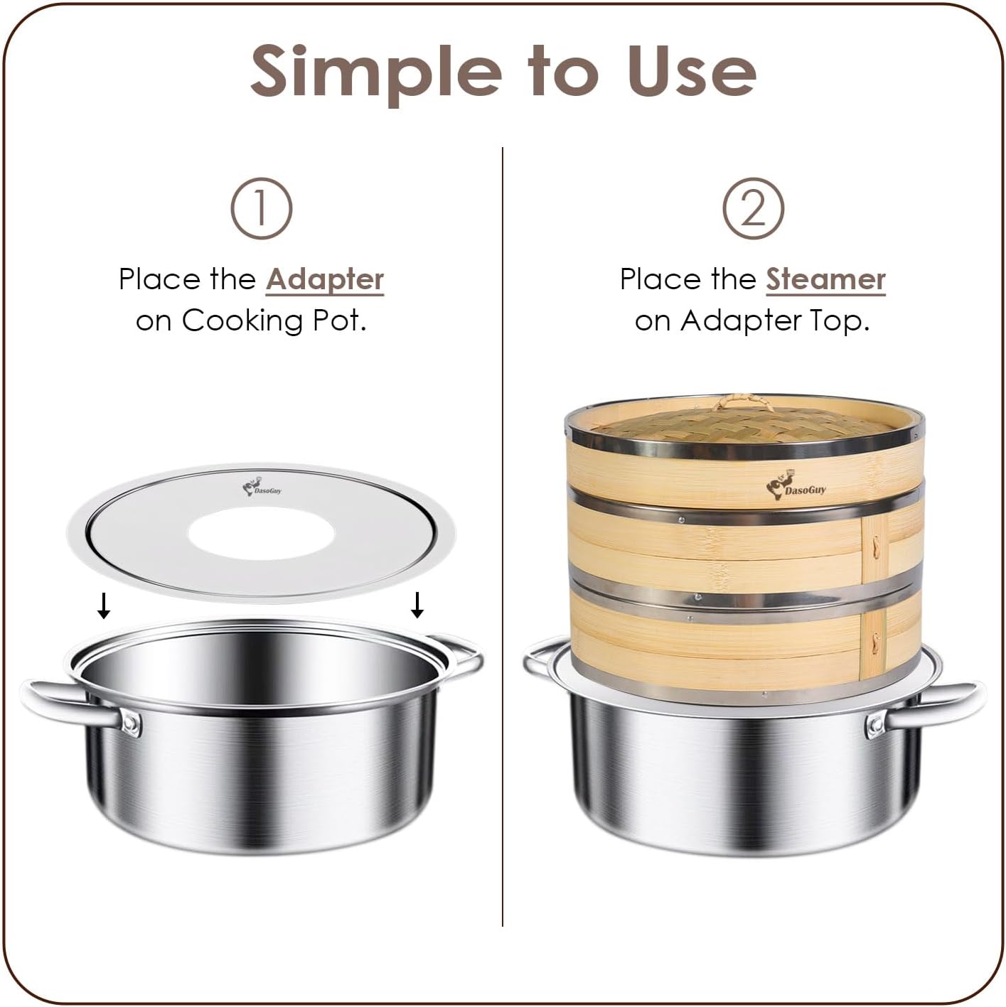 Stainless Steel Steamer Adapter, Fits 7 to 12 Inch Bamboo Steamer Basket, Steaming Ring for Asian Food, Cooking Dumpling, Dim Sum, Rice, Veggies, Vegetable, Chinese Steam Pot