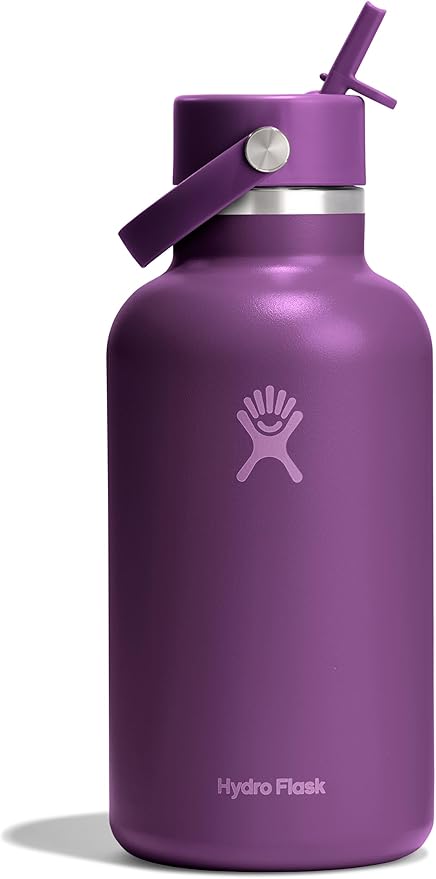 Hydro Flask Water Bottle - Insulated Stainless Steel - Wide Mouth Flex Straw Lid, Non Spill, Leakproof and Refillable in 64 Oz Beachplum Purple