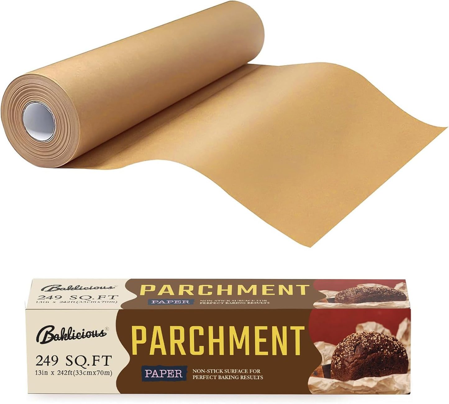 Unbleached Parchment Paper Roll for Baking, 13 in x 242 Ft, 249 Sq.Ft, Baklicious Non-stick Baking Parchment Paper for Baking, Cookies, Bread, Oven, Air Fryer, Steamer, Baking paper