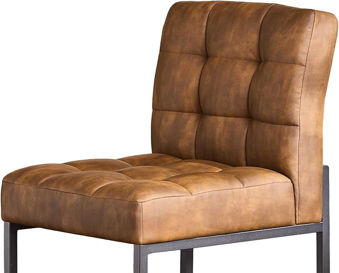 Coffee Faux Leather Dining Chairs Set of 4, Mid-Century Modern Dining Room Chairs with Armless, Checkered Kitchen Chair with Metal Legs