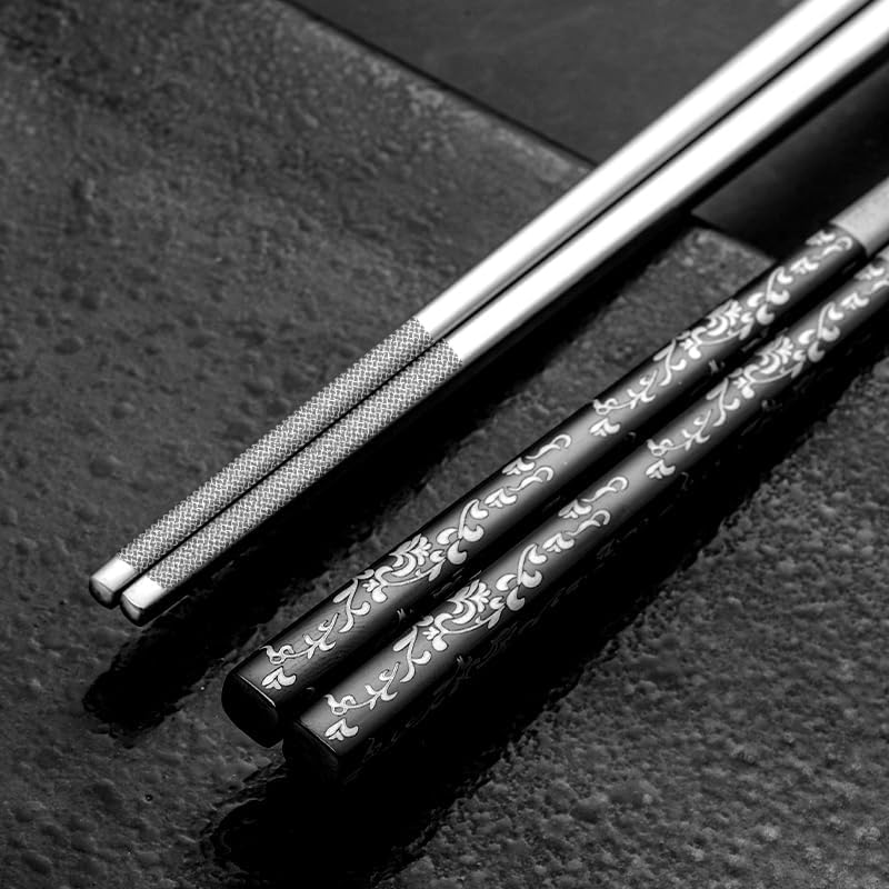 Stainless Steel Chopsticks With Case - Titanium Plated, Reusable, Non-slip, Engraved, Dishwasher Safe - 5 Pairs Set (BJ-Black05)