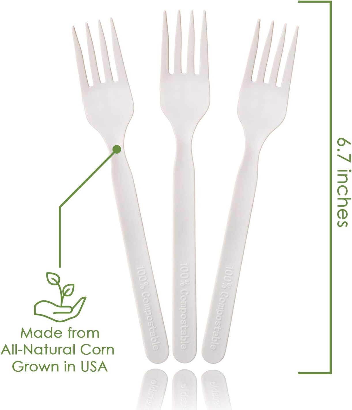 100% Compostable Forks - 500 Large Disposable Utensils (7 in.) Bulk Size Eco Friendly Durable and Heat Resistant Alternative to Plastic Forks with Convenient Tray