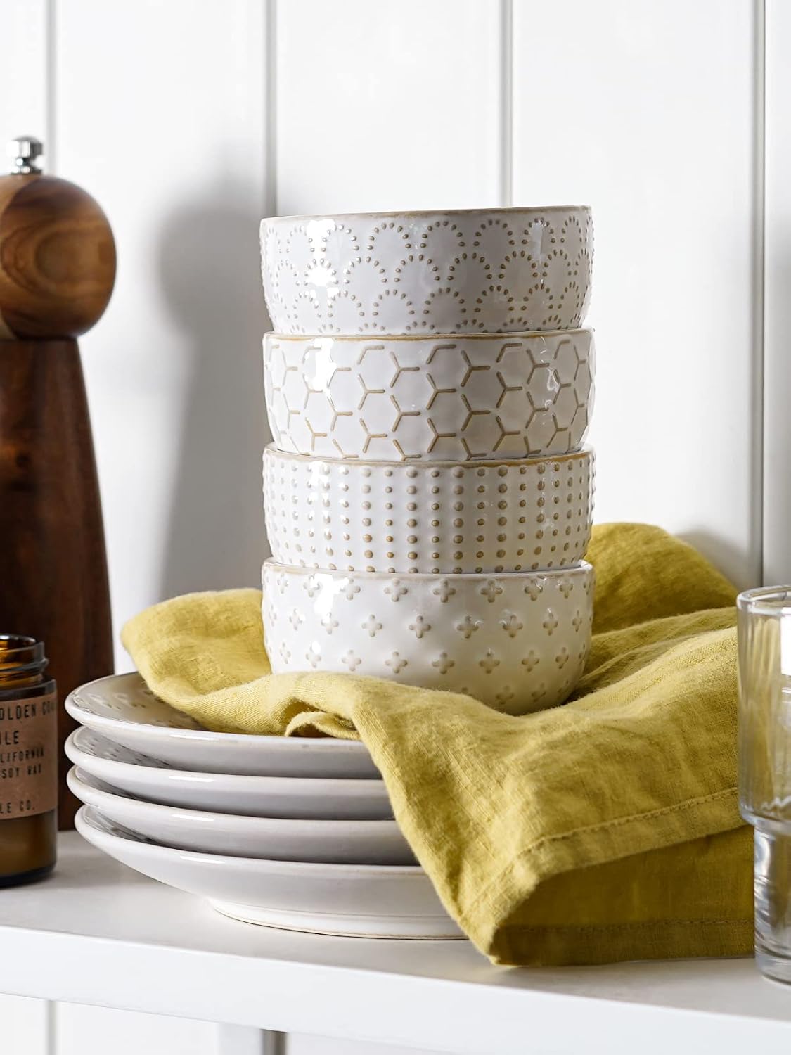 LE TAUCI Small Bowls 7 OZ, Ceramic Embossment Stoneware Bowl for Dipping, Side Dish, Sauce, Appetizer, Dessert, Sushi, Suit For House-warming - 3.5 inch, Set of 4, Arctic white