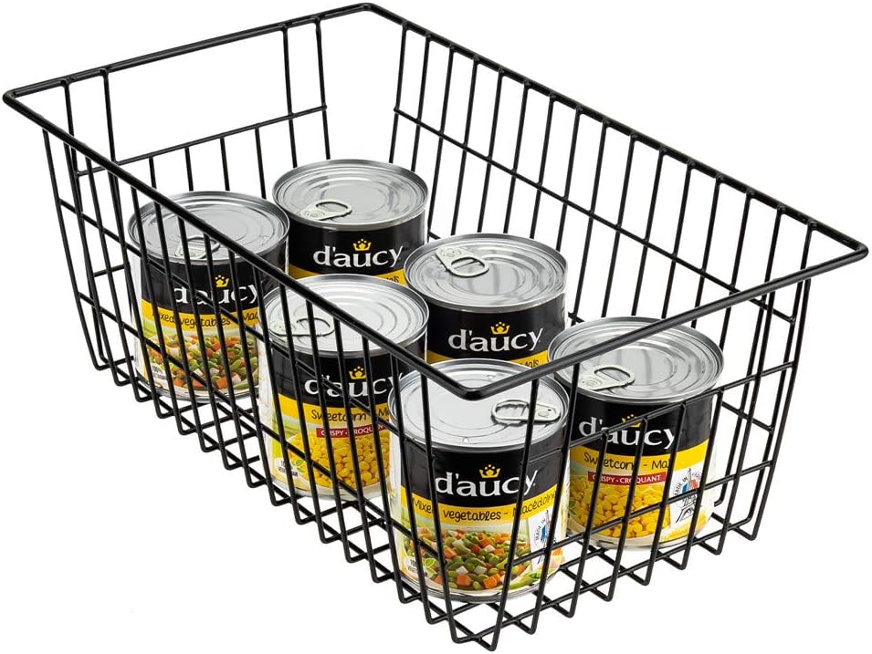SANNO Freezer Wire Baskets, Refrigerator Freezer Baskets Wire Metal Storage Basket, Farmhouse Storage Organizer Bin for Pantry, Shelf, Kitchen, Cabinet, Bathroom Black 15.7" L x 7.9" Wx 5.9" H