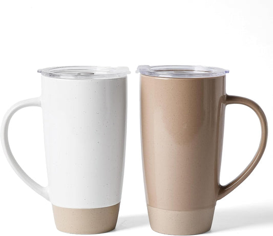 famiware Milkyway Coffee Mugs, 20oz Large Coffee Mug, Ceramic Mug Set of 2 with Lid, Cup Set with Handle for Latte, Tea, Cocoa, Milk, Home & Office, White and Cinnamon Brown