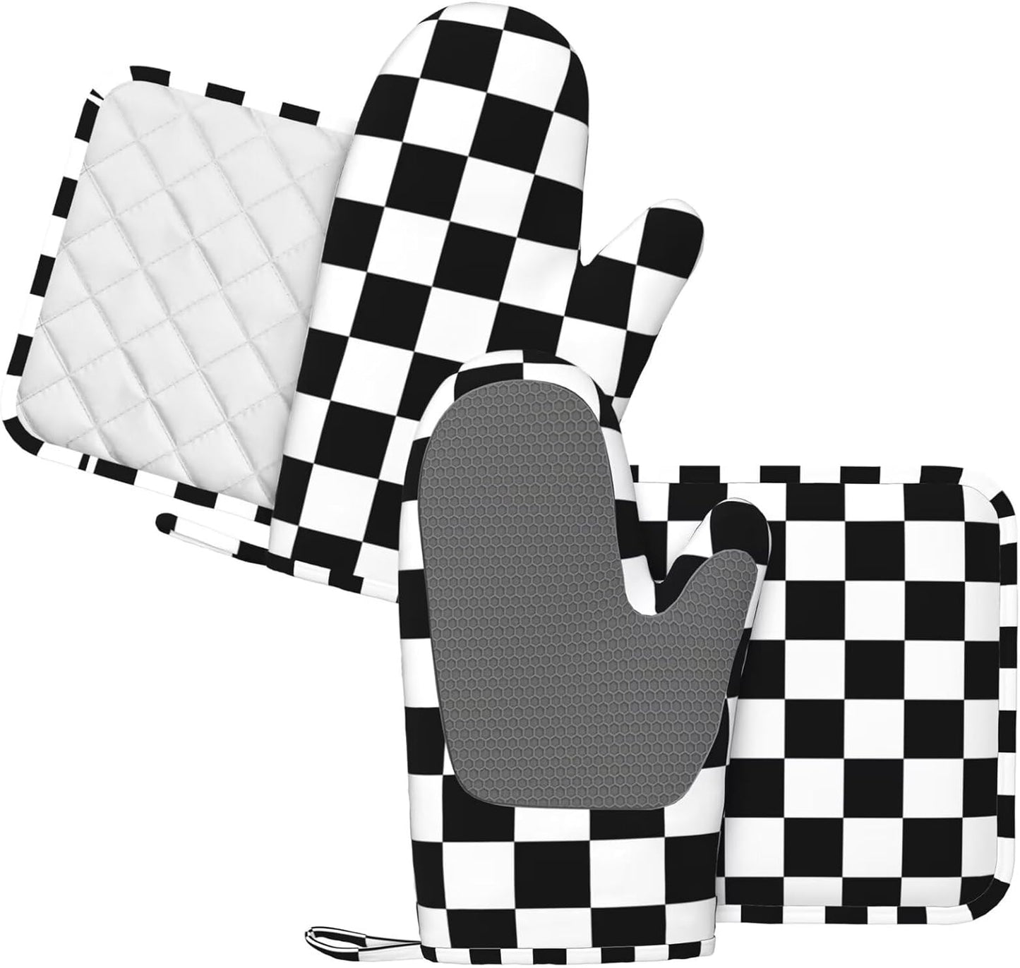 Black White Check Plaid Oven Mitts and Pot Holders Sets Silicone Black and White Checkered Plaid Kitchen Mitts Potholders Heat Resistant 4Pcs Oven Gloves Hot Pads for Cooking Grilling